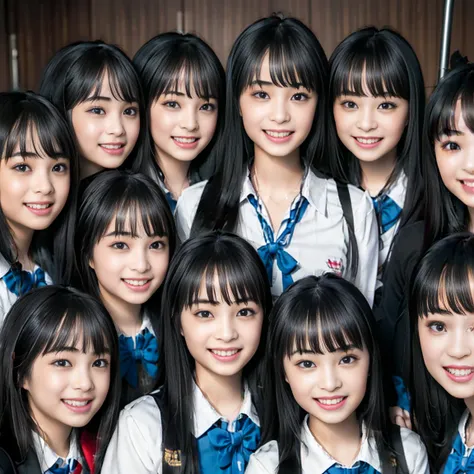 a picture、(((multiple girls))),((((6+girls))))、((10 girls))、the same face、matching school uniform、12 years old、long black hair、1...