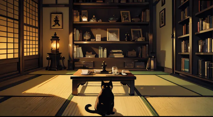 #quality (intricate-detail、ultra-detailliert:1.2,cinematic shot), #nigh sky (Darkness of the night,No light), #Black room at night (No light,Black cat,Wooden Low Table,1 candle,Beautiful tatami mats,a lots of books,bookshelf)