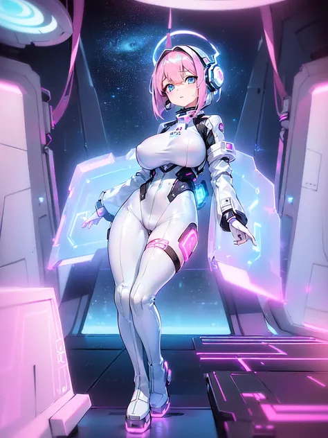 ​masterpiece:1.4, 1girl in ((20yr old, Wearing a futuristic white and silver costume, Tight Fit Bodysuit, long boots, Very gigantic-breasts, (Colorful pink hair):1.3, a short bob, Perfect model body, Blue eyes:1.2, Wearing headphones, Looking out the windo...