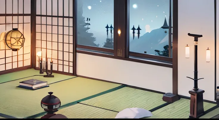 #quality (intricate-detail、ultra-detailliert:1.2,cinematic shot), #nigh sky (Darkness of the night,No light), #Black room at night (No light, 1 candle,Beautiful tatami mats,a lots of books,bookshelf)