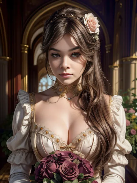 This is realistic fantasy artwork set in the castles enchanted rose garden. Generate a proud woman with a highly detailed face dressed in the billowing folds of a stunning French silk ballgown. The womans sweet face is ((((highly detailed, with realistic f...