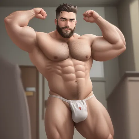 Beefy dad bod naked bearded and flexing showing butt anime style