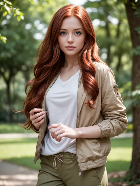 Masterpiece, (((24-year-old redhead girl with charm face, blue eyes, little smile))) soft natural light, (((focus on eyes))) (((feeding  birds in the park in fashion worm jacket and pants))) entire body in frame (((detailed and realistic image, full-frame ...