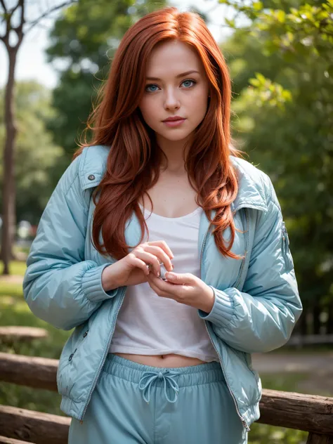 Masterpiece, (((24-year-old redhead girl with charm face, blue eyes, little smile))) soft natural light, (((focus on eyes))) (((feeding  birds in the park in fashion worm jacket and pants))) entire body in frame (((detailed and realistic image, full-frame ...