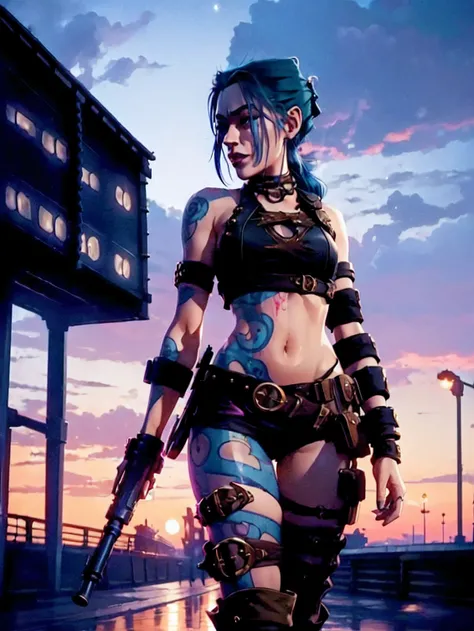 Jinx, League of legends , Arcane. She is on a worn-out pier , near a  wearhouse , industrial steampunk is the theme.There is multiple airships but the dock. Jinx is holding a minigun that is styilised.
Time of day: Fading light of a sunset on the verge of ...