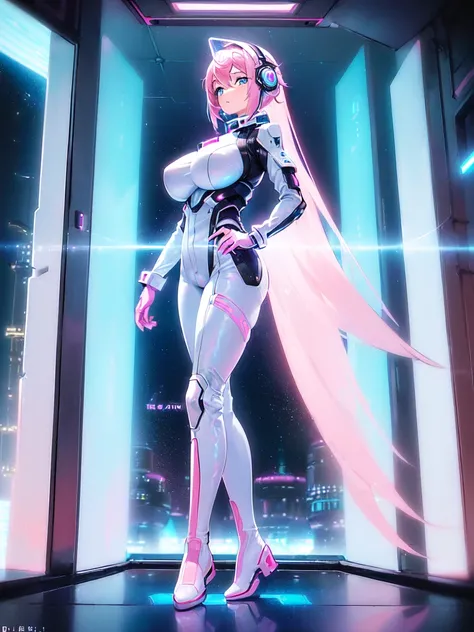 ​masterpiece:1.4, 1girl in ((20yr old, Wearing a futuristic white and silver costume, Tight Fit Bodysuit, long boots, Very gigantic-breasts, (Colorful pink hair):1.3, a short bob, Perfect model body, Blue eyes:1.2, Wearing headphones, Looking out the windo...