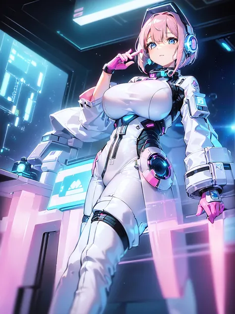 ​masterpiece:1.4, 1girl in ((20yr old, Wearing a futuristic white and silver costume, Tight Fit Bodysuit, long boots, Very gigantic-breasts, (Colorful pink hair):1.3, a short bob, Perfect model body, Blue eyes:1.2, Wearing headphones, Looking out the windo...