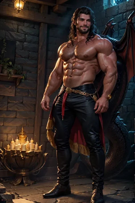 a man with long black hair, blue eyes, beard, smiling, strong pectoral, manly and sexy body, ((full body)), wearing red shirt and black pants, Victorian era style, in the background crystal castle and gold with dragons, Daeni Style Pin, [Daniel F. Gerhartz...