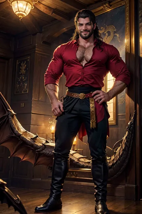 a man with long black hair, blue eyes, beard, smiling, strong pectoral, manly and sexy body, ((full body)), wearing red shirt and black pants, Victorian era style, in the background crystal castle and gold with dragons, Daeni Style Pin, [Daniel F. Gerhartz...