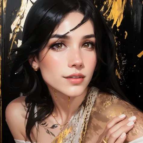 handsome girl, black  hair, strokes of gold and black paint, splashes of paint on the skin, clothes and hair, a lot of oil paint