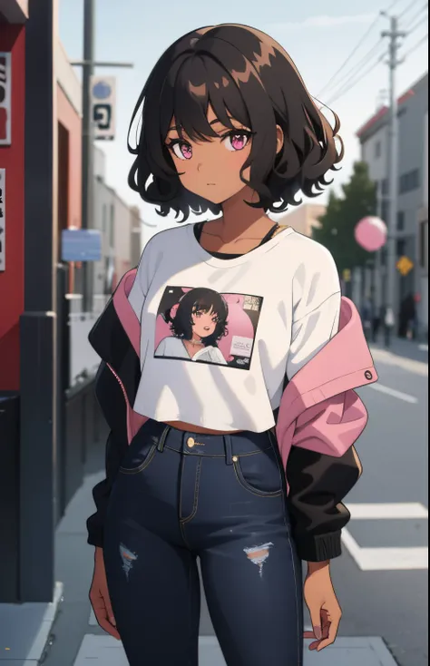 1 girl, brown skin, (masterpiece), curly hair, small breasts, black hair, short hair, pink eyes, black jacket, white shirt, jean...