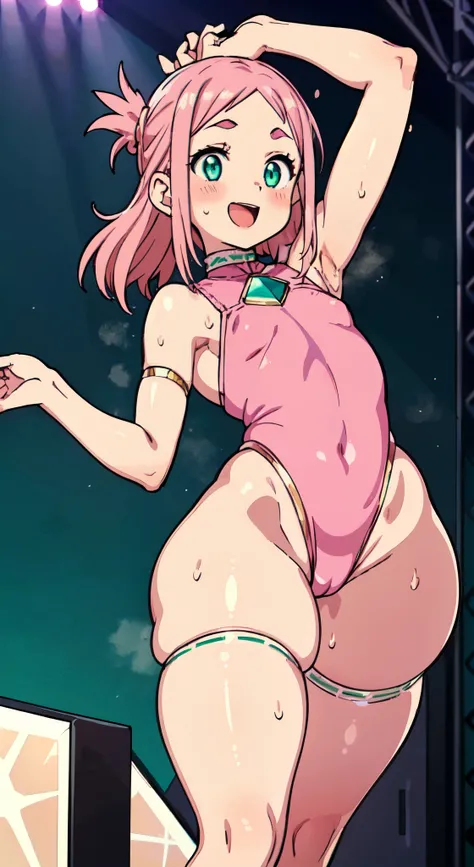 (( 1girl in)), (NSFW)、blush,Pink hair、Parted bangs、Forehead、white forehead protector、green colored eyes、( Red Leotard) ,On stage、flat chest、big butts、((thick thighs))、Sweat、((:D))、Surprised、(Straight hair)、Armpits、Hands behind the head、spreading legs、(Whit...