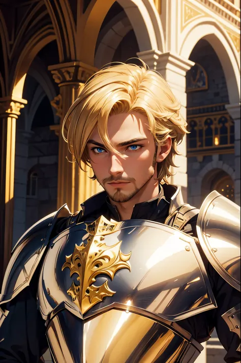 masterpiece, best quality, , 1male, knight armor, castle background, blonde hair, golden eyes, facial hair, (muscular)