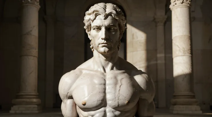 Estatua griega de marmol blanca estoica, mostrando sus biceps, mirada dominante hacia al frente, Brazos fuertes, Epicuro STYLE, kinematics, 8k, fondo oscuro con sombras