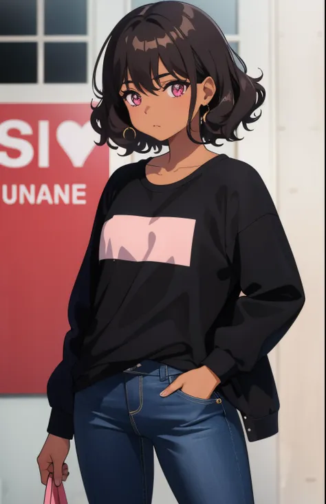 1 girl, brown skin, (masterpiece), curly hair, small breasts, black hair, short hair, pink eyes, black jacket, white shirt, jean...