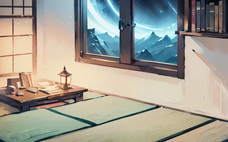 #quality (intricate-detail、ultra-detailliert:1.2,cinematic shot), #nigh sky (Darkness of the night,No light), #Black room at night (No light, 1 candle,Beautiful tatami mats,a lots of books,bookshelf)