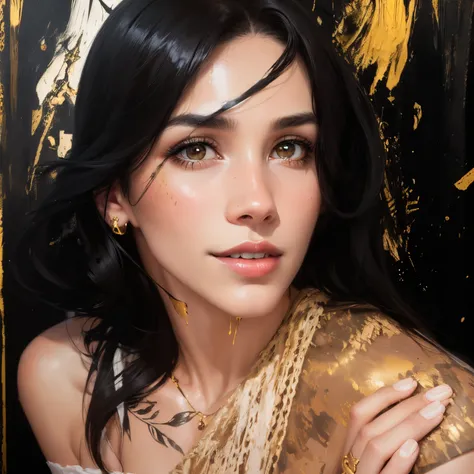 handsome girl, black  hair, strokes of gold and black paint, splashes of paint on the skin, clothes and hair, a lot of oil paint