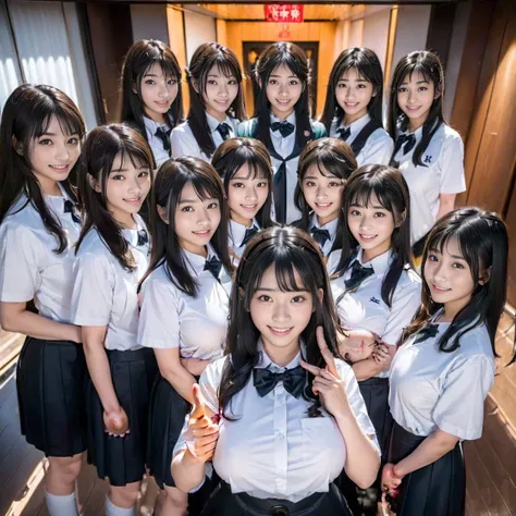 a picture、(((multiple girls))),((((6+girls))))、((10 girls))、the same face、matching school uniform、12 years old、long black hair、1...