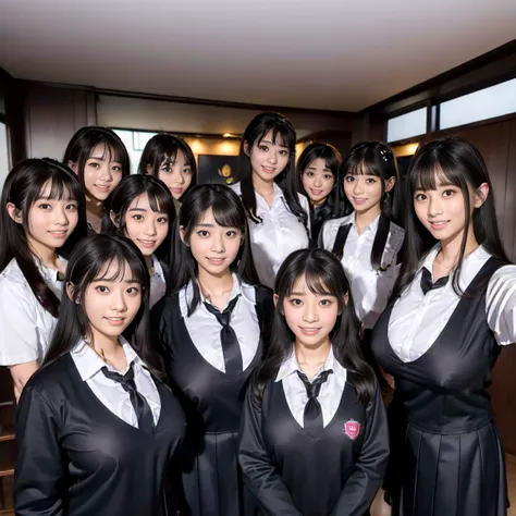 a picture、(((multiple girls))),((((6+girls))))、((10 girls))、The same face、matching school uniform、12 years old、Long black hair、10 cute girls、((((Gigantic Breasts))))、a smile、Selfie stick、‎Classroom、Raw photo、same person、Doppelganger、(group portraits)、a jun...