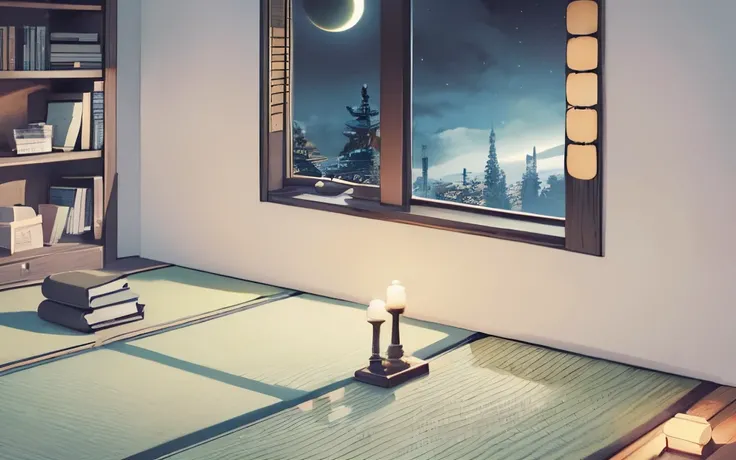 #quality (intricate-detail、ultra-detailliert:1.2,cinematic shot), #nigh sky (Darkness of the night,No light), #Black room at night (No light, 1 candle,Beautiful tatami mats,a lots of books,bookshelf)