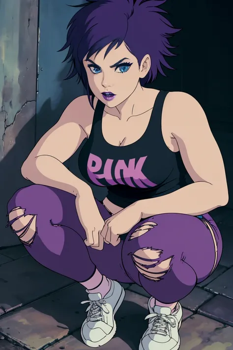 Punk girl, punk hair, dyed purple hair, medium hair, ripped tank top shirt, black and white leggings, medium socks, retro footwear, medium breasts, wallpaper, close up, pinup, standing upright, looking at viewer, blue eyes, black lipstick, eyeliner, squatt...