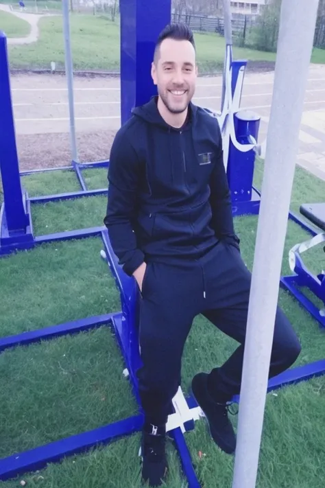 A man sits on a park bench, andrey surnov, in park, looking happy, in a tracksuit, with a park in the background, michal, profile pic, in park, Elliot Alderson, riabovitchev, Andrei Tarkovsky, Alex Heywood, Damian Krytsvonos, around 20 yo