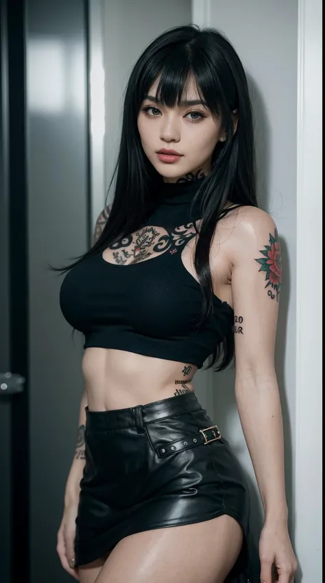 28 years old, gorgeous cute  Turkish girl, smirk, freckles, there is a woman in a black shirt and black skirt standing in a doorway, cruel korean goth girl, she has black hair with bangs, with full bangs, black bangs, masuimi max, iu lee ji-eun as a super ...