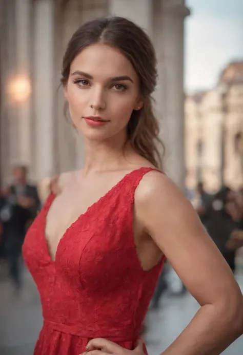 A beautiful woman with a big elastic butt, posing for the camera in a dress,muy detallado, hermoso cuerpo y cara, se parece al original, Pelo rojo, en un club