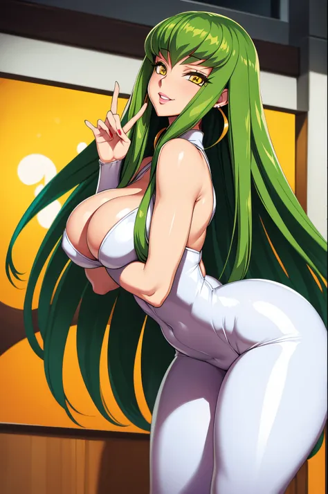 high resolution, highly detailed face, code geass, c.c, 1girl, (((bimbo))), long green hair, yellow eyes, ear rings, puffy lips,...