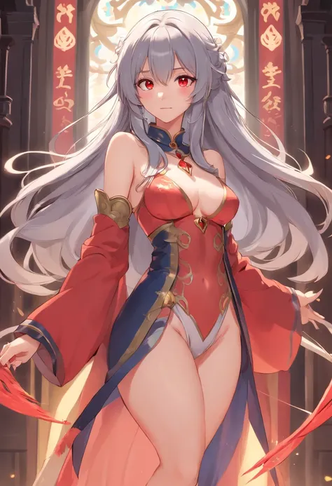 nsfw,vaginal,sex,best qualtiy，超A high resolution，1girll，female cleric，Clergy attire，adolable，（Kpop Idol），（aegyo sal：1），（Long grey hair：1），（（Red Eyes）），It looks like in front of the audience，full body Esbian，facing the front there，highly detailed exquisite ...