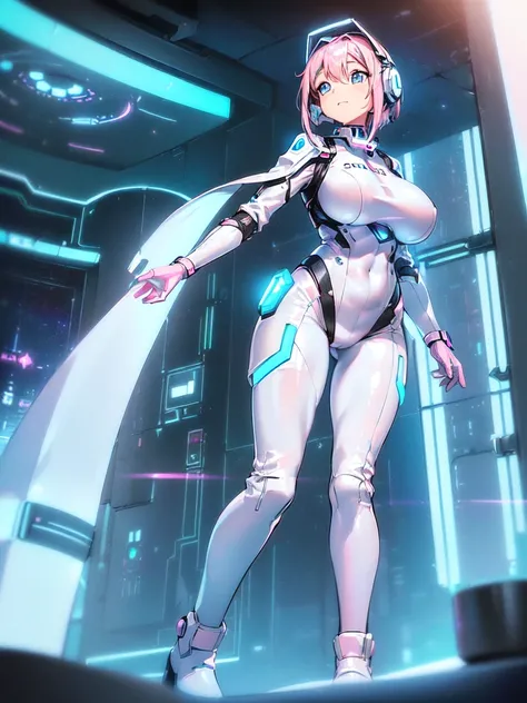 ​masterpiece:1.4, 1girl in ((20yr old, Wearing a futuristic white and silver costume, Tight Fit Bodysuit, long boots, Very gigantic-breasts, (Colorful pink hair):1.3, a short bob, Perfect model body, Blue eyes:1.2, Wearing headphones, Looking out the windo...