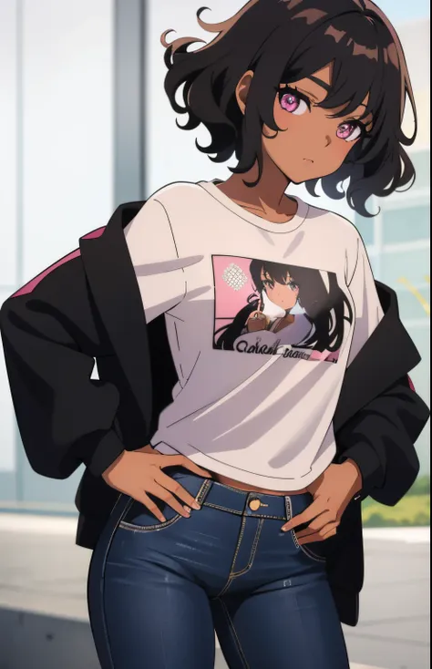 1 girl, brown skin, (masterpiece), (Appearance 17 years old), curly hair, Small breasts, Black hair, short hair, pink eyes, Black jacket, white shirt, jeans, anime girl, latina,