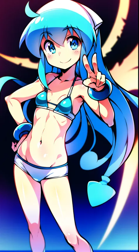 Ika musume, squid girl, young, pale skin, blue hair, blue eyes, small breasts, detailed body, detailed face, detailed eyes, glistering body, shiny body, skinny, smilling, gorgeous body, masterpiece, high quality, anime style, blue bikini, flip flops, stand...