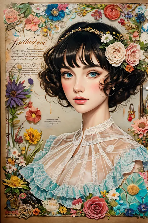 Super detailed alcohol ink painting of gorgeous girl, Made on top of a mixed-media masterpiece patchwork of stress-free vintage script paper, Ephemera, Torn cardboard, Vintage newspaper, Vintage sheet music, Wax Seal, Dress made of paper ruffles and life-s...