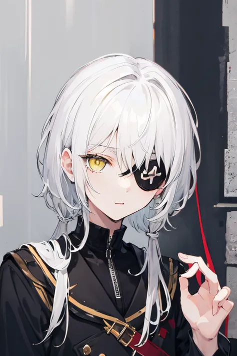 white haired boy wearing eye patch with eyes yellow