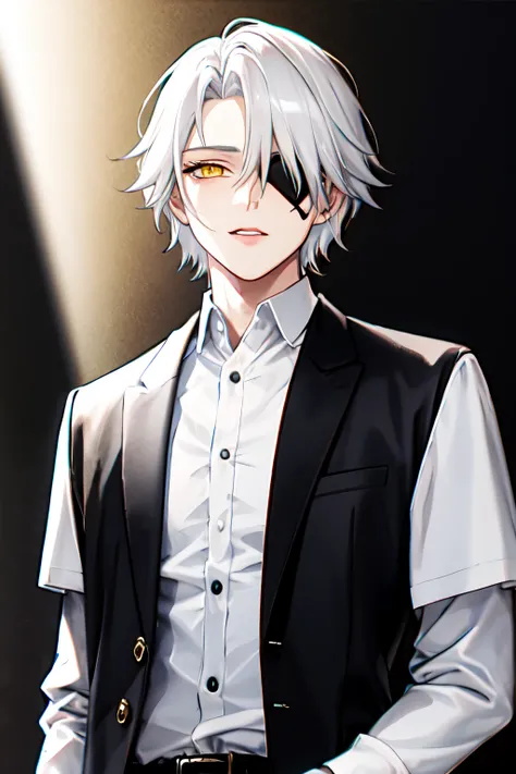 white haired boy wearing eye patch with eyes yellow