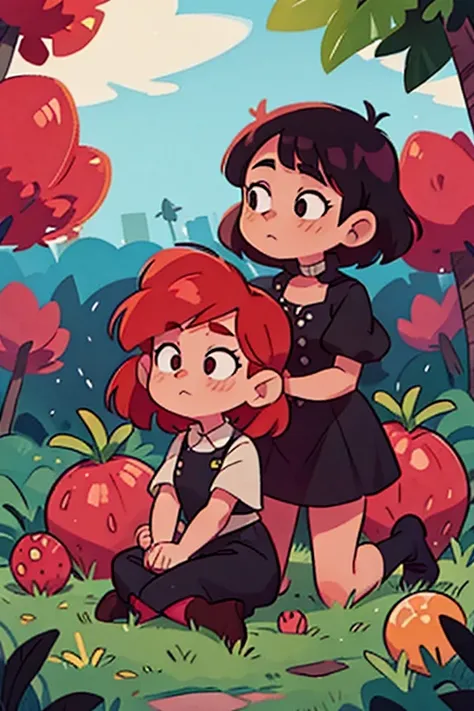 redhead witch girl next to a short black hair witch woman, en un campo recolectando fresas