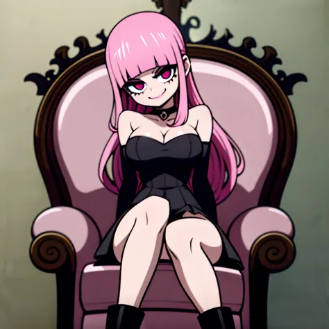 Young girl, pink hair, symmetrical hair, long hair, straight bangs, big eyes, eye shadows, goth, black dress, black leather dress, smile, sitting on a red throne, in a palace, 4k, masterpiece, detailed