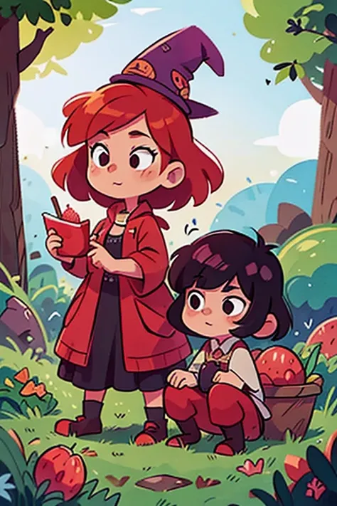 redhead witch girl next to a short black hair witch woman, en un campo recolectando fresas