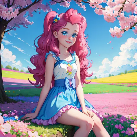 My little pony pinkie pie, pinkie pie, pinkie pie in the form of a girl, long dark pink hair, blue eyes, long pink and blue frilly dress, white frilly thigh high, small pink heels, blue sky, pink clouds, ((sitting in a pink and blue flower field)), staring...