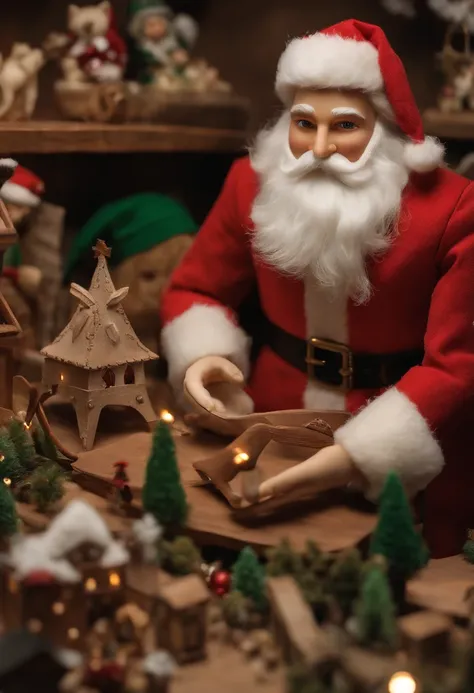 A close-up of Elfred carefully arranging a display of handmade dolls in the workshop,original,As the head elf, Elfred, presents a deceptive appearance with his small, sprightly frame, twinkling green eyes, and a constant smile under a neatly trimmed white ...