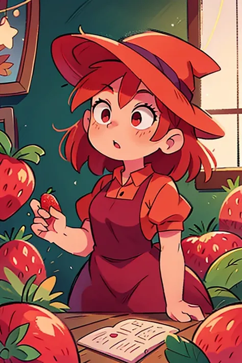 redhead girl in witch costume with strawberries