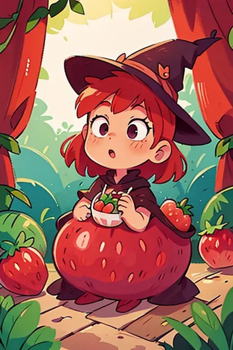 redhead girl in witch costume with strawberries