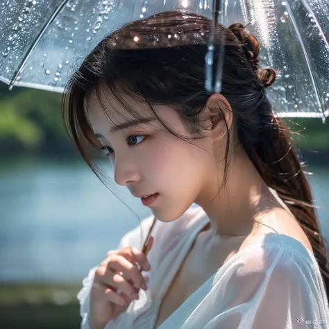 top-quality、​masterpiece、超A high resolution、(Photorealsitic:1.4)、Raw photo、女の子1人、off shoulder gentle、with light glowing、japanes、Nice style、Beautuful Women、Wet with rain、languorous expression、20yr old、Beautiful Water Spirit