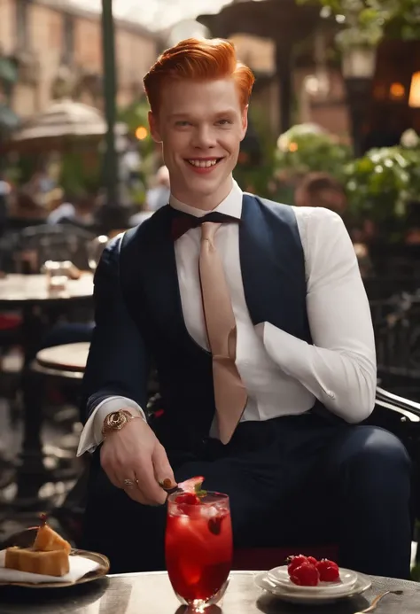 The image is of Jerome sitting at a fancy outdoor cafe, sipping on a blood-red cocktail and grinning maniacally at the camera.,Gotham TV series,Jerome is tall, pale, has short ginger hair, famously portrayed by Cameron Monaghan