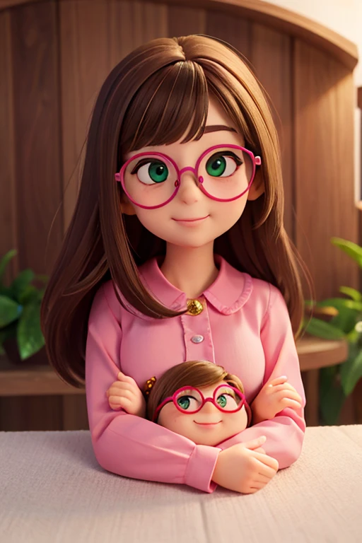 Caucasian woman rounded face slightly large cheeks green eyes with round glasses long loose dark blond hair small mouth smiling small nose medium sized eyes small brown mole on the lower left corner of the chin with pink blouse