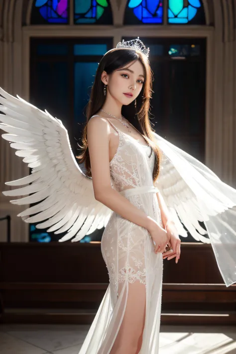 In front of the stained glass in the church、bride offering prayers、Whole body、8K、realphoto、超A high resolution, Master Parts, Best Quality, nffsw , cinematic images,Lovely girl、ann、1６years old、Anglo-Saxon、Green eyes、二重まぶた、very droopy eyes、（very, Very big ey...