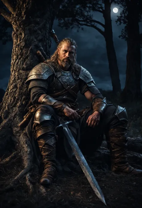 (best quality,ultra-detailed,realistic),warrior resting,beside a tree,dark night,sword beside him on ground,detailed armor,moonlight,calm expression,worn-out clothes,peaceful atmosphere,star-filled sky,heightened senses,deep shadows,faint campfire,Viking w...