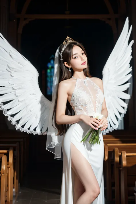 In front of the stained glass in the church、bride offering prayers、Whole body、8K、realphoto、超A high resolution, Master Parts, Best Quality, nffsw , cinematic images,Lovely girl、ann、1６years old、Anglo-Saxon、Green eyes、二重まぶた、very droopy eyes、（very, Very big ey...