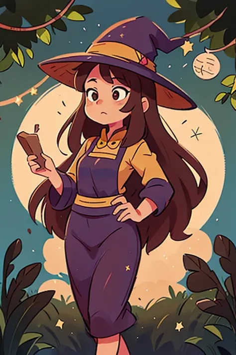 Asian woman with long brown hair dressed as witch with star prints